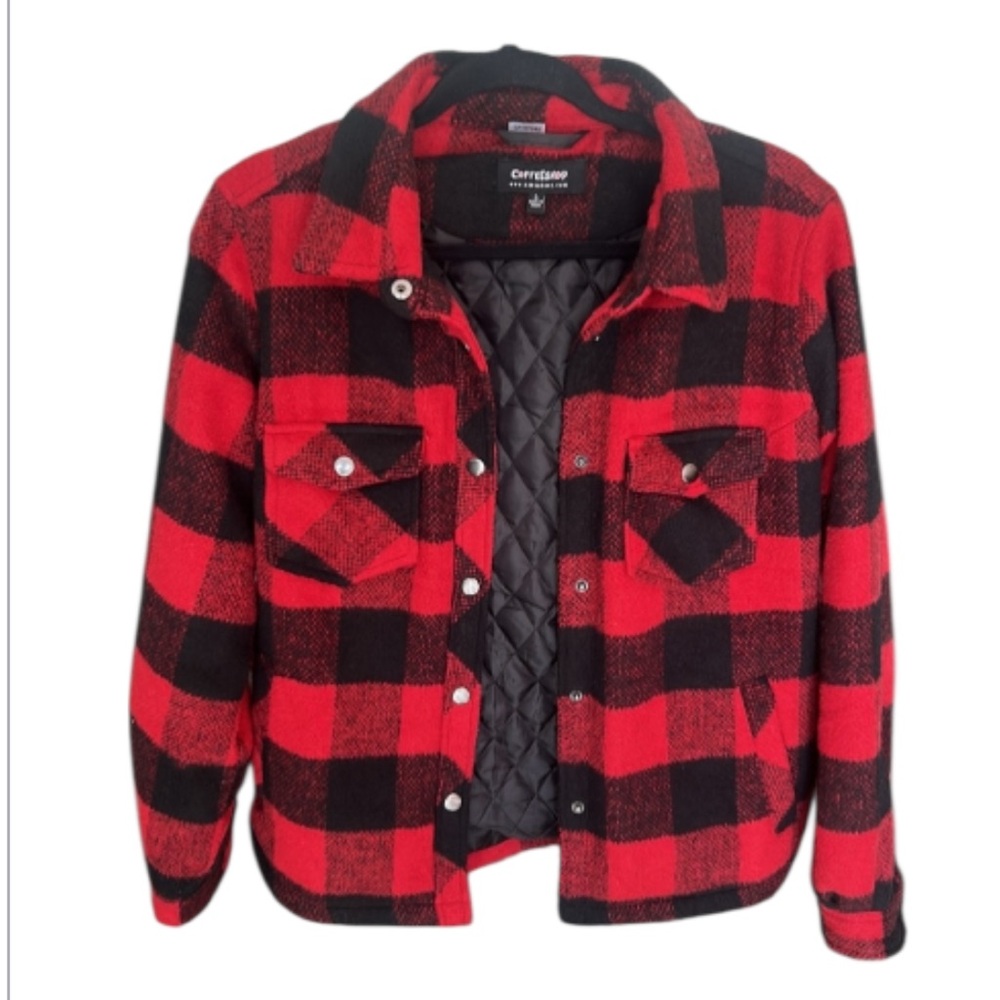 CoffeeShop Red Flannel Plaid Quilted Cropped Wool Blend Jacket Size L